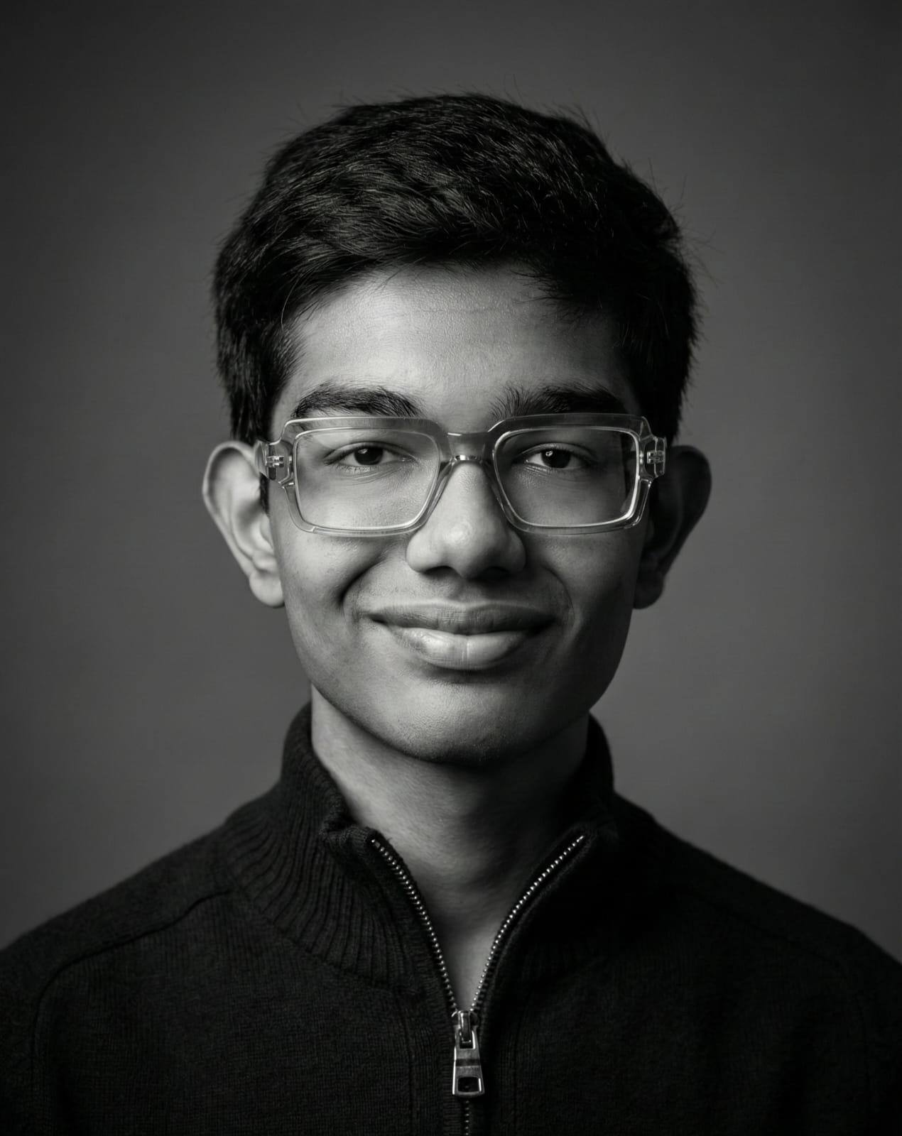 Portrait of Rushil D Rane, smiling, wearing clear-framed glasses and a dark zip-neck jumper.